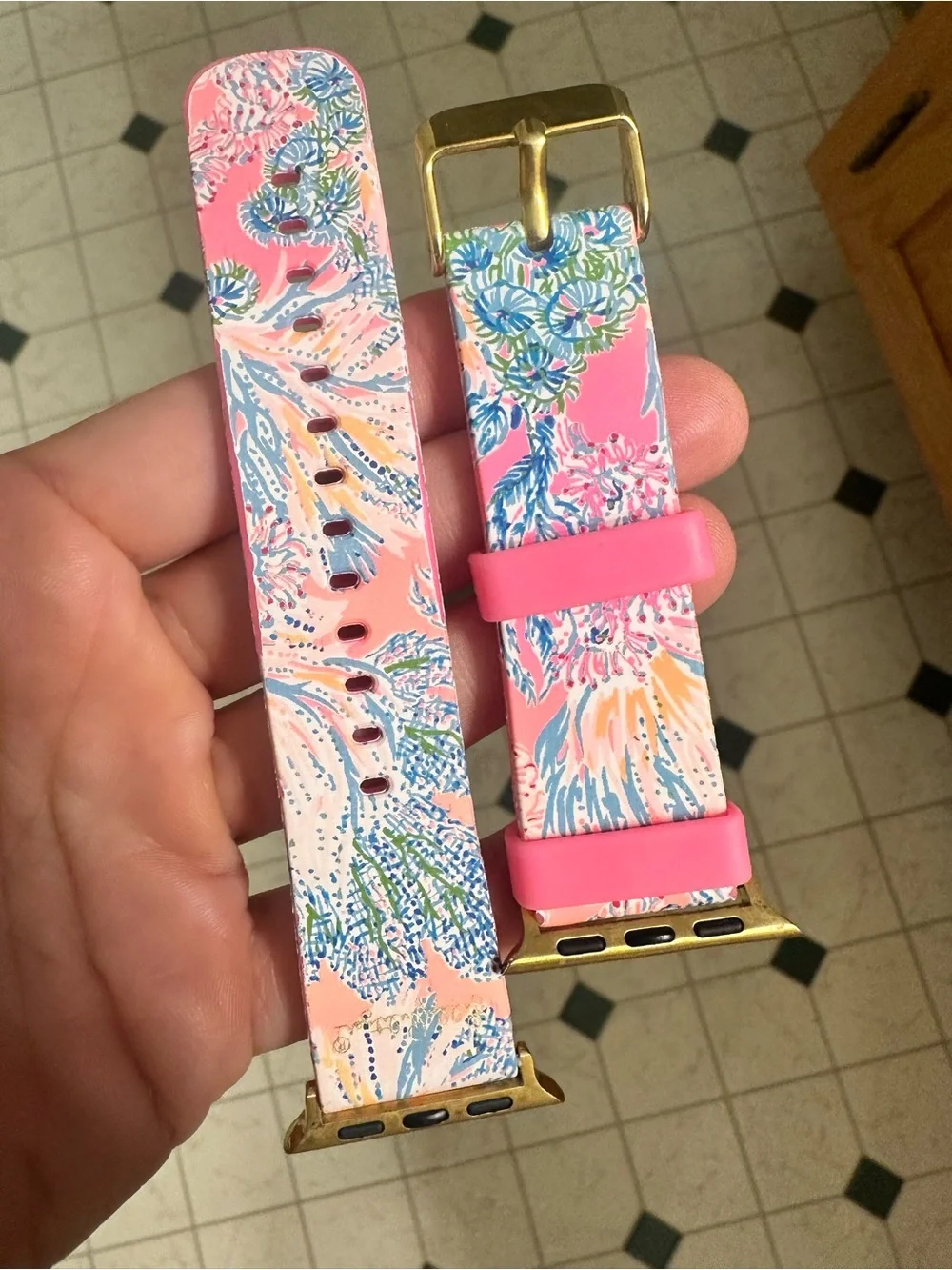 Lilly Pulitzer Pink Floral Silicone Apple Watch Band with Gold Hardware